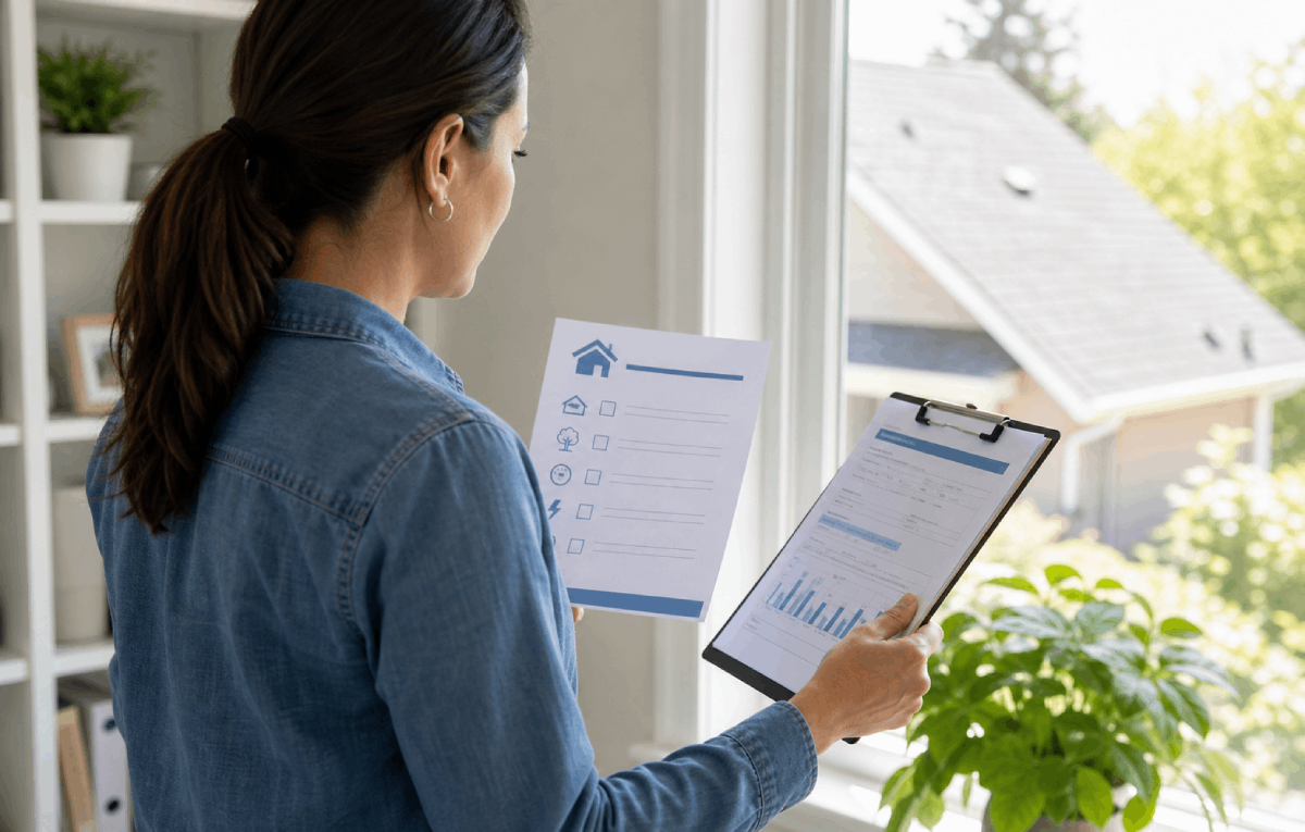 Homeowner reviewing a solar checklist and utility details near a bright window