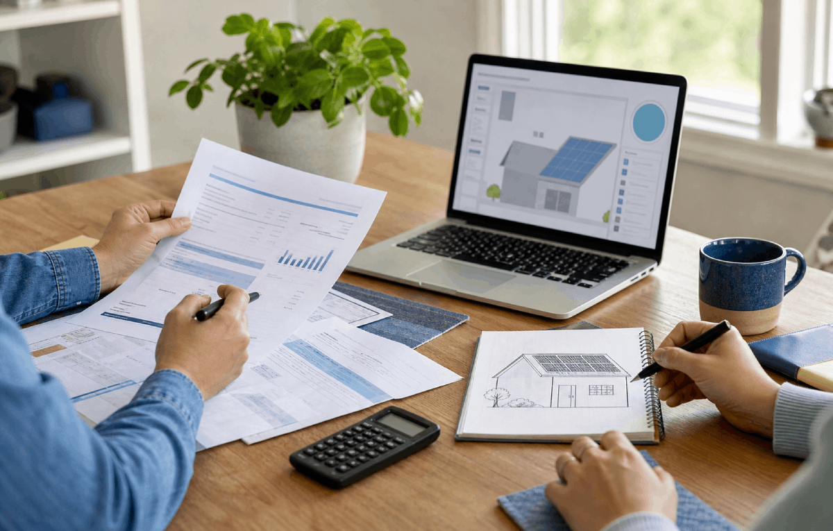Homeowners reviewing utility details and solar planning materials before requesting quotes
